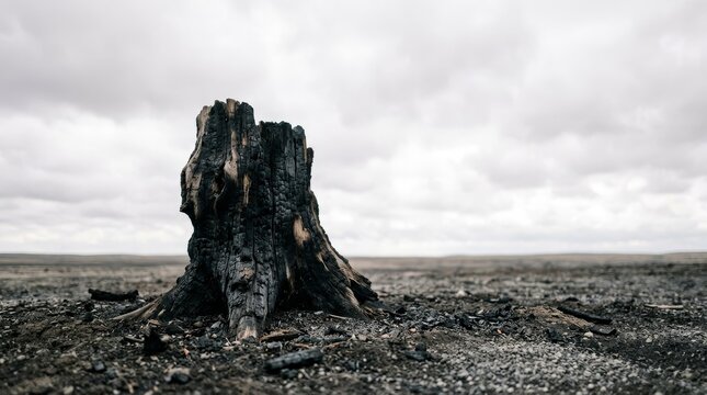 Burnt tree stump against pale sky symbolizing destruction wildfire aftermath concept