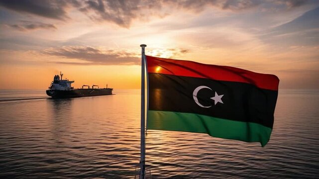 Libyan flag waving on a ship at sea with a cargo vessel sailing in the background during a beautiful sunset.