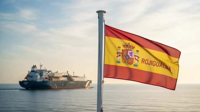 Waving Spanish flag with 'ROJIGUALDA' text on a flagpole, overlooking a large cargo ship sailing on the calm blue sea under a bright sky.