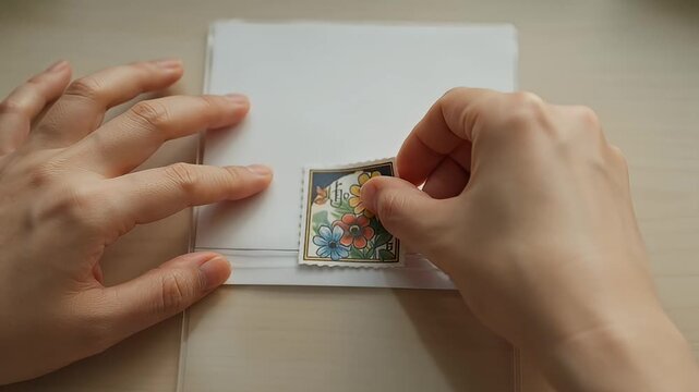 Hands carefully placing a vintage floral postage stamp on a blank surface