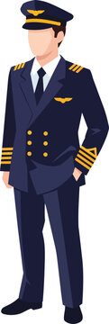 Full-body illustration of a male pilot in a dark blue uniform with gold epaulets, sleeve stripes, and a cap, standing with one hand in his pocket.