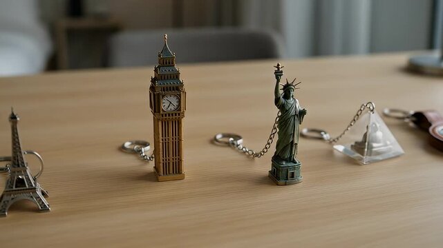 Souvenir keychains depicting famous landmarks placed on a wooden surface indoors