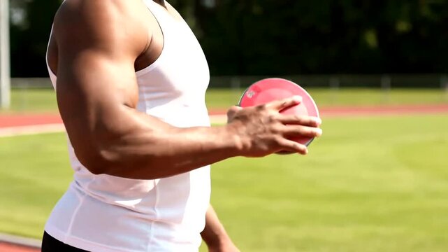 Man in white tank top holding shot put.