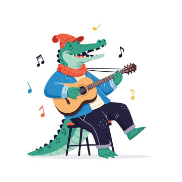 Cheerful alligator vector playing guitar while singing with musical notes around