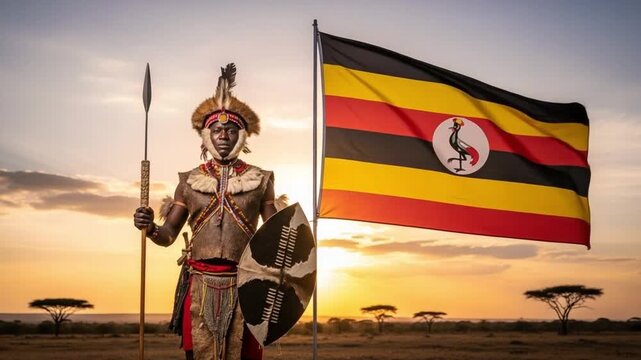 Traditional Ugandan warrior in cultural attire, holding a spear and shield, stands proudly with the national flag against a vibrant African sunset in the savanna.