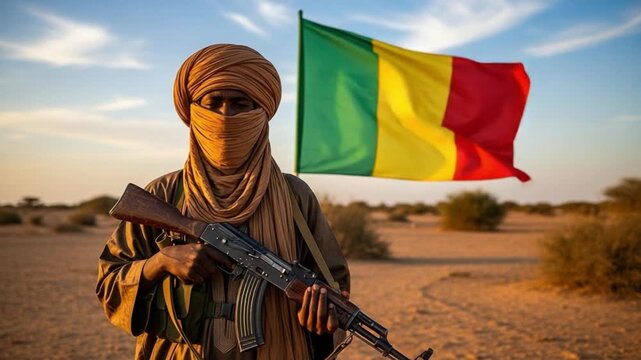 Man in traditional desert attire holding an assault rifle with the Mali national flag waving in a vast arid landscape