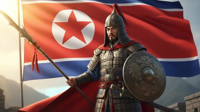 Determined East Asian Male Warrior in Ancient Military Armor Holding a Spear and Dragon Shield Against a Waving Red Flag