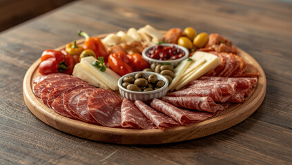Obraz premium Gourmet charcuterie board with cured meats, cheeses, olives and peppers arranged artfully