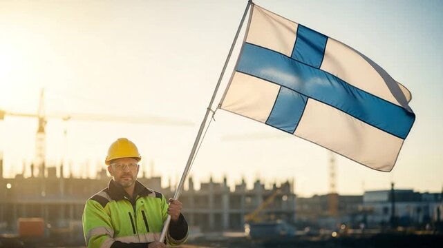 Serious adult male construction worker holding a Finnish flag proudly at a building site during golden hour, symbolizing national pride and labor.