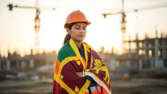 Confident young Sri Lankan female engineer or construction worker wearing a hard hat and safety vest, draped in her national flag at a building site during sunset.