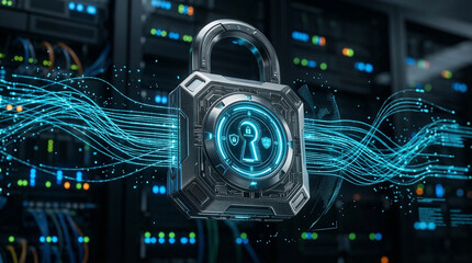 Fototapeta premium Cybersecurity concept of a digital padlock glowing with blue energy streams and data lines, protecting servers in a data center