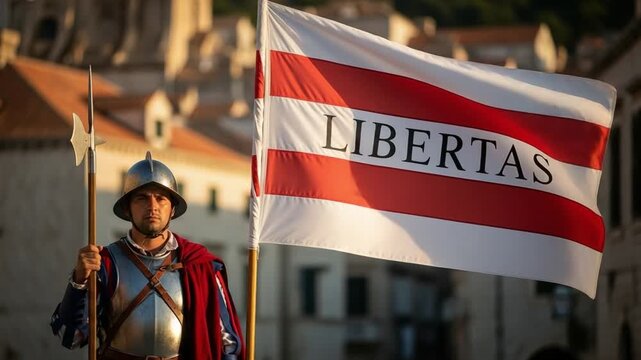 Historical Guard in Armor Holding Halberd Next to Flag with Libertas Text in Old City