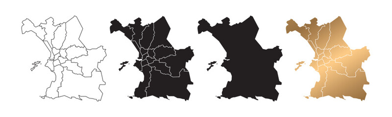 Fototapeta premium Vector maps of Marseille, France, in various styles, with black and gold line art.