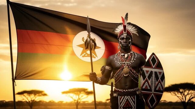 Proud African Warrior in Traditional Attire Holding Spear and Shield Against a Sunset Sky with a Flag and Savanna Landscape