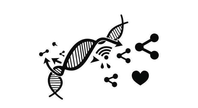 Abstract illustration of DNA helix with connecting molecules and symbols representing data, communication, and love.