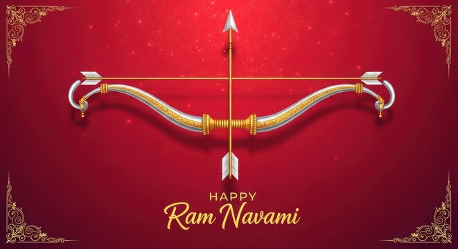 Golden bow and arrow with Happy Ram Navami greeting on red festive background