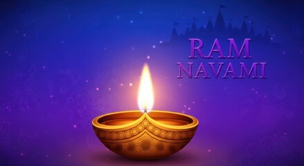 Diya lamp with flame celebrating Ram Navami festival in vibrant purple cosmic background