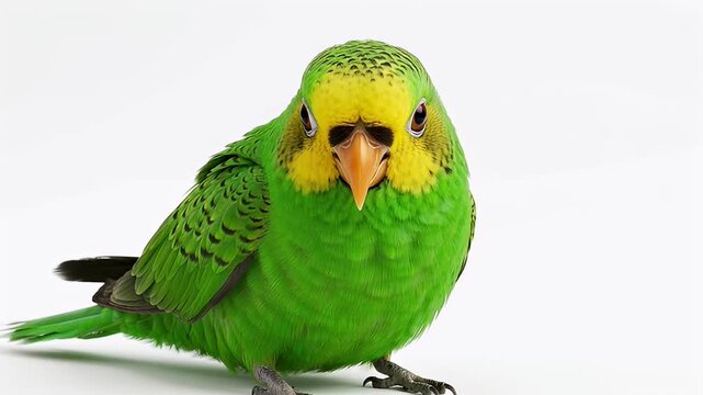 Vibrant Green and Yellow Budgerigar Perched with Striking Gaze on White Background