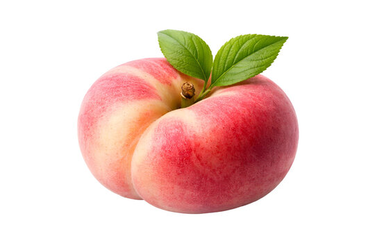 Fresh donut peach with green leaves isolated on white background, ripe flat peach fruit close up
