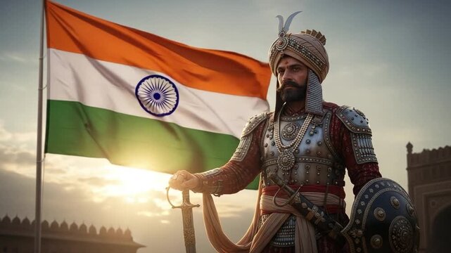 Majestic Indian warrior in traditional armor and turban, holding a sword and shield, standing proudly before the national flag at golden hour, symbolizing strength and heritage.
