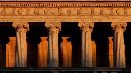 Obraz premium ionic. A neoclassical colonnade illuminated by sunset, capturing timeless architectural elegance. inspiring travel planning.