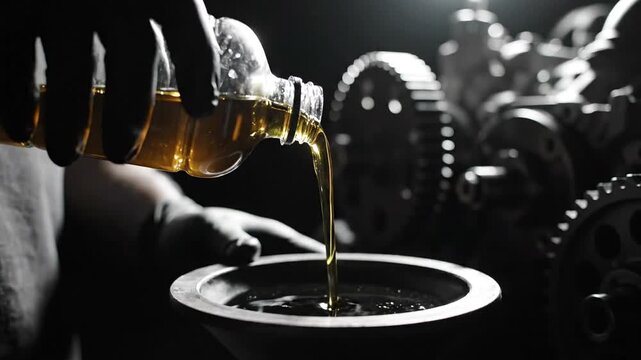 Engine Oil Being Poured into Car Engine.