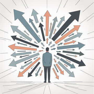 Minimalist editorial illustration of figure surrounded by arrows representing decision paralysis