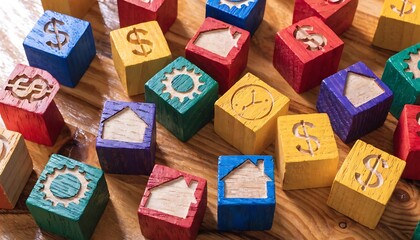 Colorful wooden blocks with symbols on a wooden surface