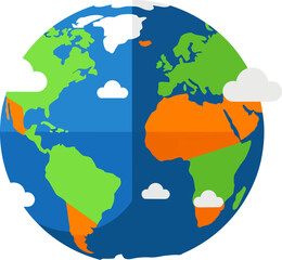 A vibrant, flat-design illustration of planet Earth, showing continents, oceans, and clouds, representing global connectivity and environmental themes.