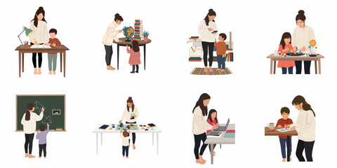 Fototapeta premium A diverse collection of illustrations showing a mother homeschooling her children through various educational activities including reading, science, geography, and digital learning.