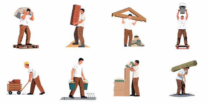 Set of construction workers performing various manual labor tasks such as carrying bricks, heavy sacks, and building materials, isolated on a white background.