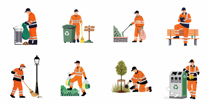A collection of sanitation workers in orange uniforms performing various cleaning, recycling, and maintenance tasks in public urban spaces.