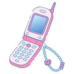 ハートストラップ付き折りたたみ携帯電話のかわいいイラスト ガラケー レトロモバイル通信 懐かしい携帯電話デザインベクターイラスト © eri