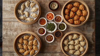 Fototapeta premium Steamed and fried dumplings arranged bamboo steamers with dipping sauces and pickles