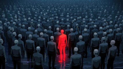 Obraz premium Unique red person glows brightly in a vast dark crowd of conforming grey individuals