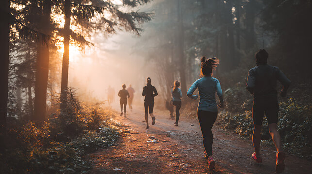 Dusk runners move through misty forest trail. Sunlight filters through tall pines. Silhouettes glide along winding path. Morning fog curls around tree trunks. Natural light highlights motion