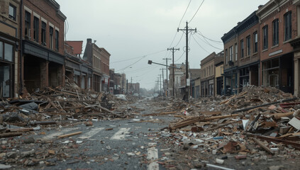 Fototapeta premium Devastated main street rubble and damaged storefronts under gray sky