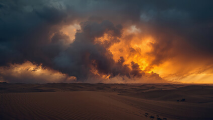 Obraz premium Dramatic desert sunset cloudscape with glowing orange sky and sand dune silhouette