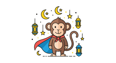 Fototapeta premium Cartoon Monkey Superhero with Cape, Lanterns, and Crescent Moons.