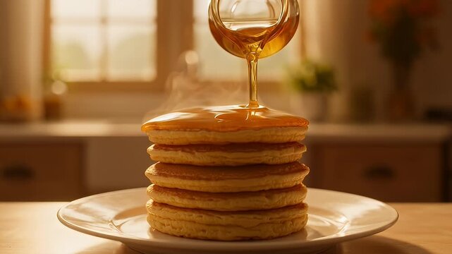 Warm, fluffy pancake stack drenched in golden syrup on a bright morning