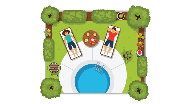 An aerial view captures two individuals unwinding on sun loungers next to a circular pool within a landscaped garden.