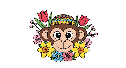 Naklejka premium Charming Monkey Illustration with Floral Accents and Decorative Hat.