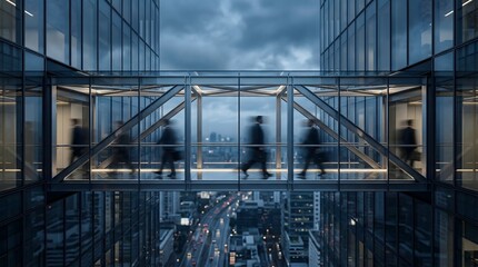 Fototapeta premium Blurred Business People Walking on Modern Glass Corporate Skywalk