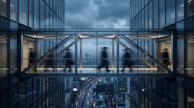 Blurred Business People Walking on Modern Glass Corporate Skywalk