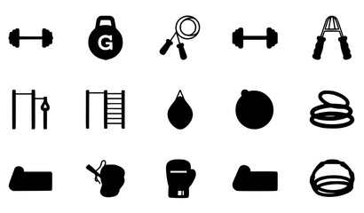 Fitness solid vector icon pack gym equipment barbell weight jump rope boxing symbols © Lipi