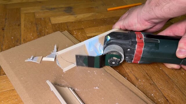Hand uses oscillating multi tool to cut cardboard on wooden floor, close view shows precise trimming and scattered scraps, practical diy repair mood cordless battery