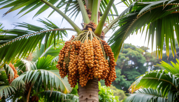 Ripe buriti fruits hanging from a Mauritia flexuosa palm in a tropical environment, highlighting exotic rainforest plants, natural biodiversity, and unique Amazon fruit.