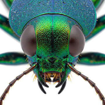 Extreme macro shot of a metallic green beetle&rsquo;s face, showing compound eyes, chitinous texture, and mandibles, isolated on white background.