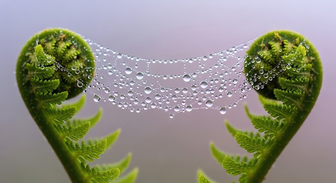 Vibrant green fern fiddleheads unfurling, adorned with a delicate spiderweb sparkling with countless morning dew drops, capturing nature's fresh beauty.