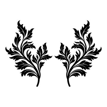 Elegant black and white acanthus leaf decorative design pair Vector, illustration